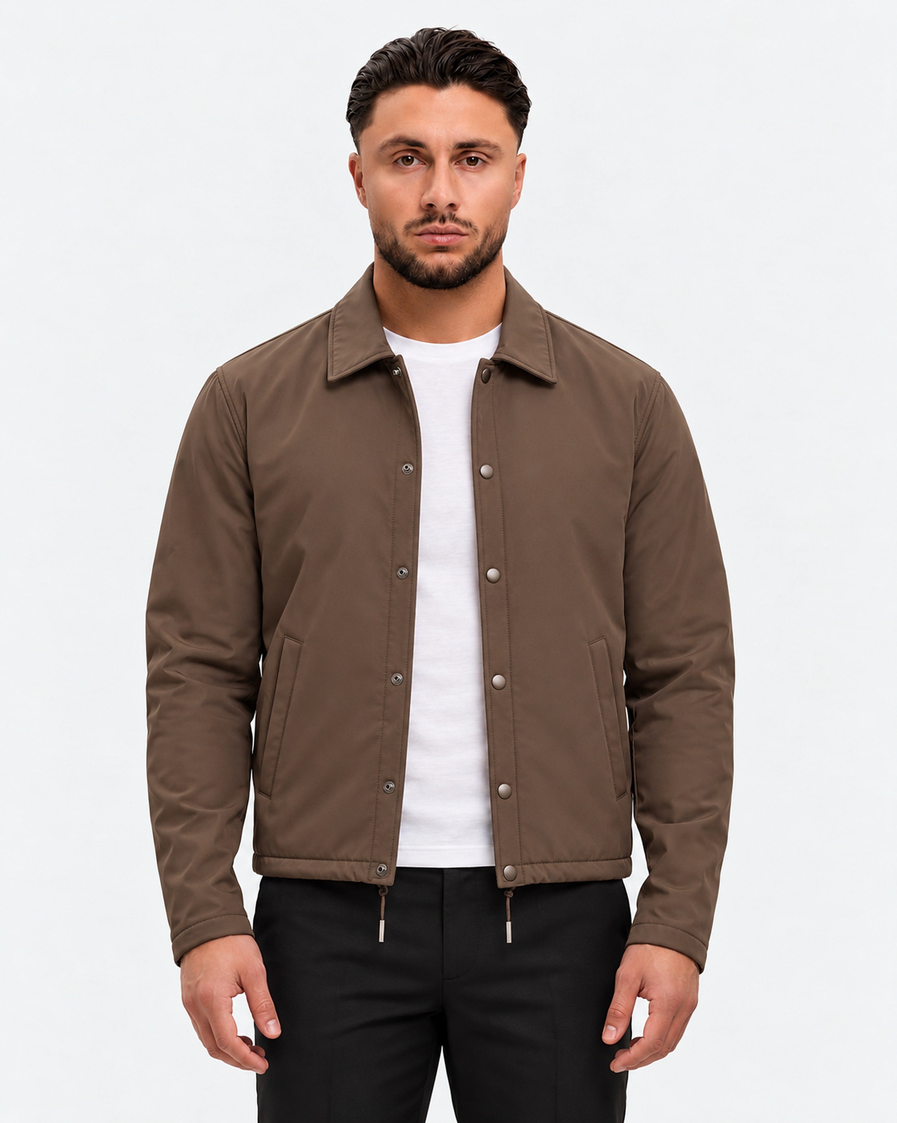 TORINO JACKET | BROWN — voorkant, model (183 cm) draagt maat L