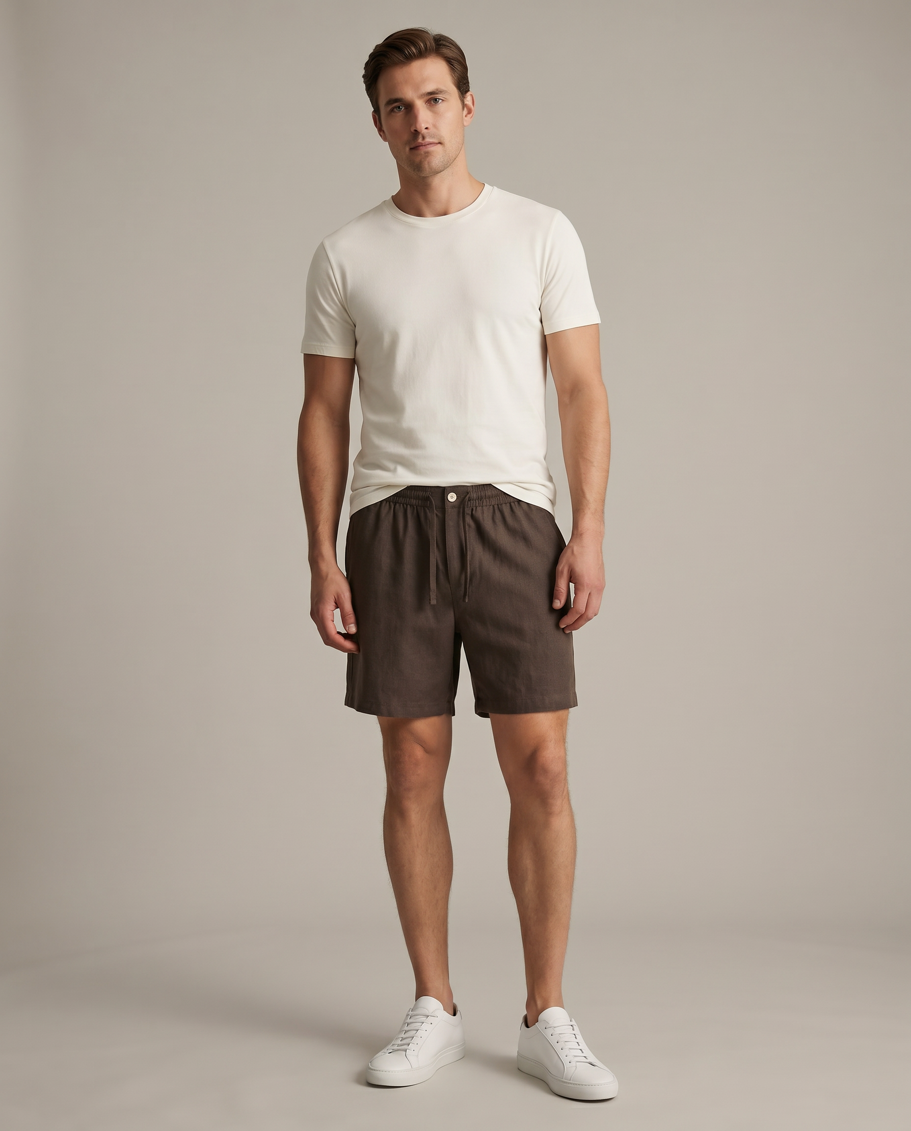 CORE LINNEN SHORT DEEP BROWN - studio op model
