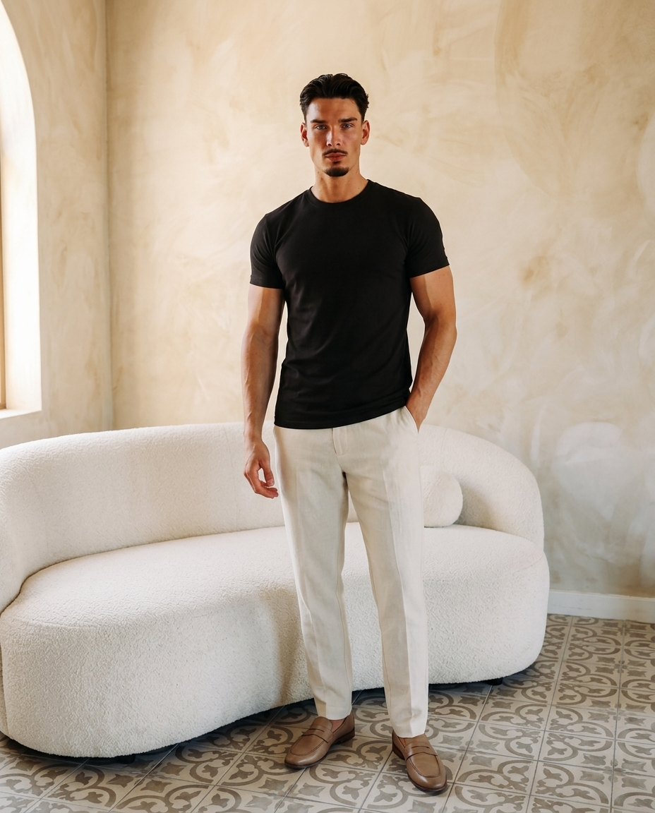 Model draagt Classic Cotton T-Shirt Black muscle fit - editorial