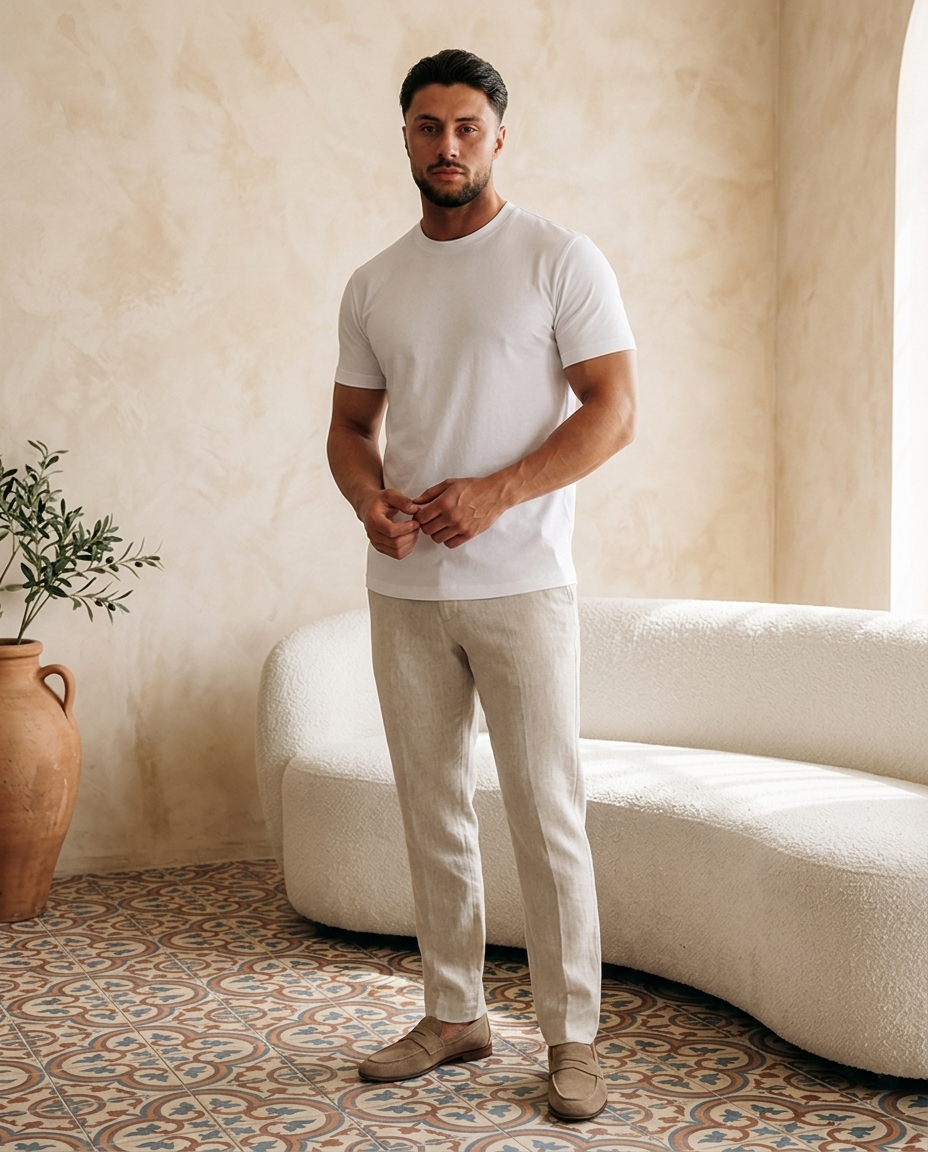 Model draagt Classic Cotton T-Shirt White muscle fit - editorial