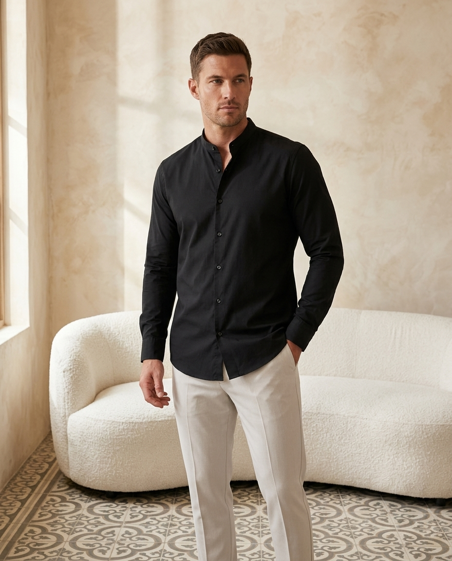 Mandarin Shirt Black - editorial model