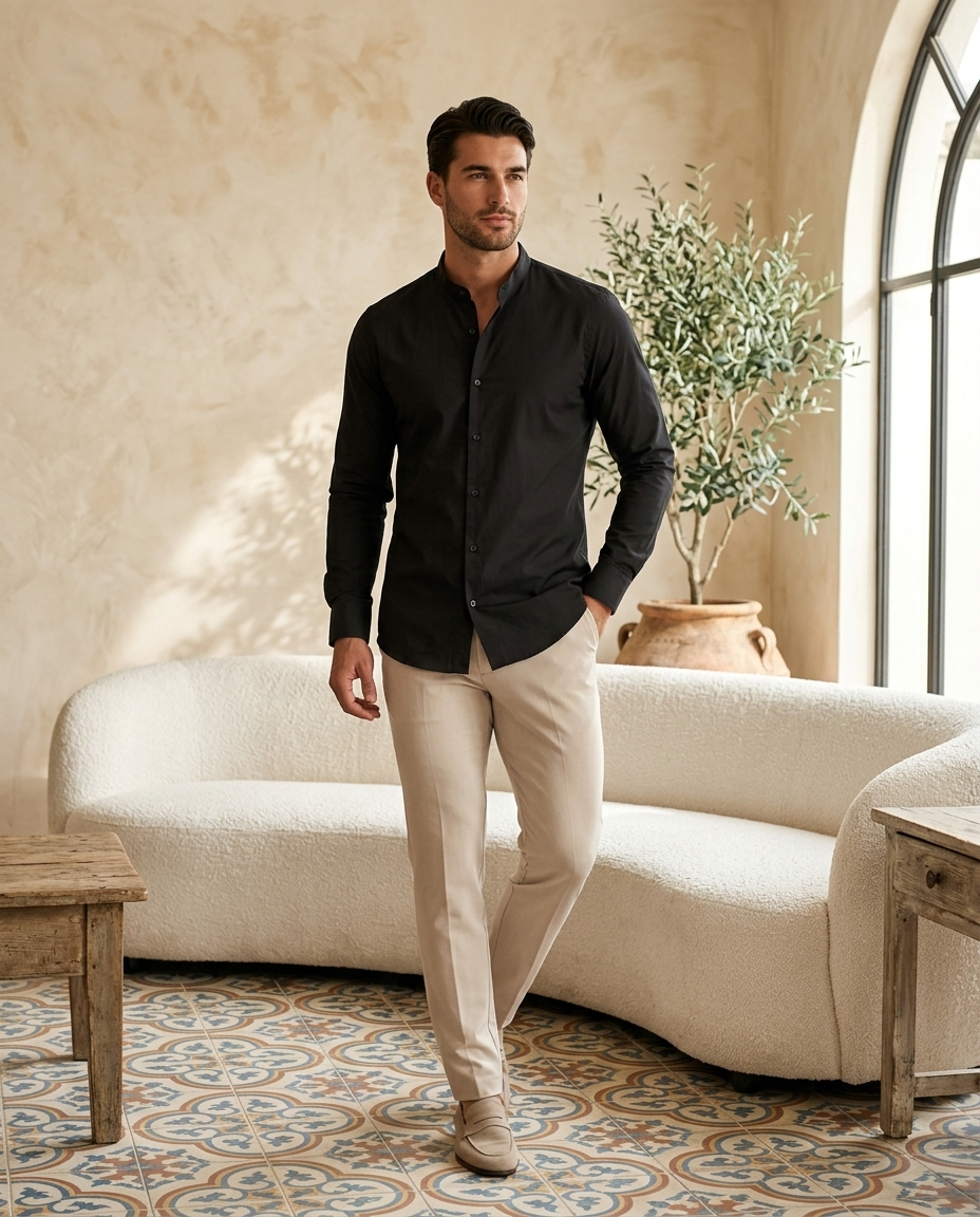 Mandarin Shirt Black - editorial model
