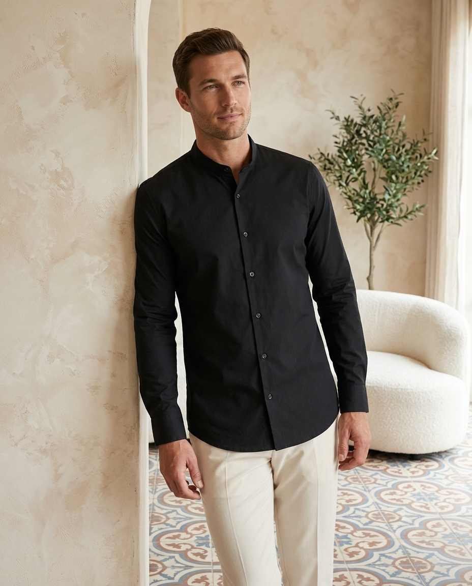 Mandarin Shirt Black - editorial model