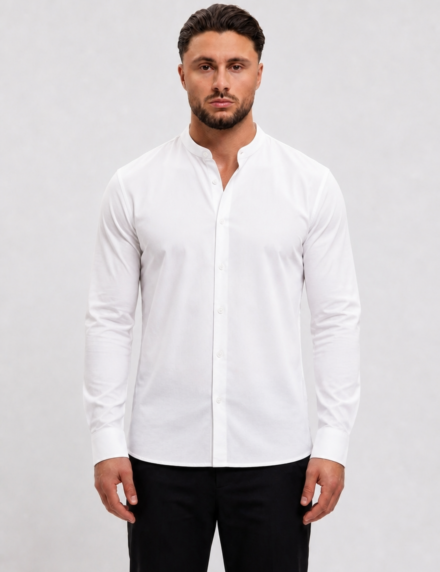 Mandarin Shirt White - voorkant studio