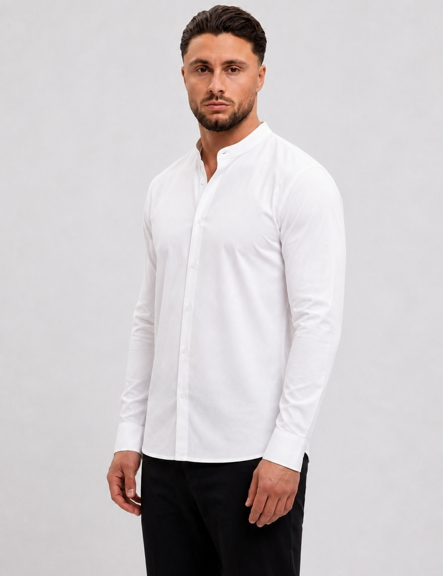 Mandarin Shirt White - zijkant studio