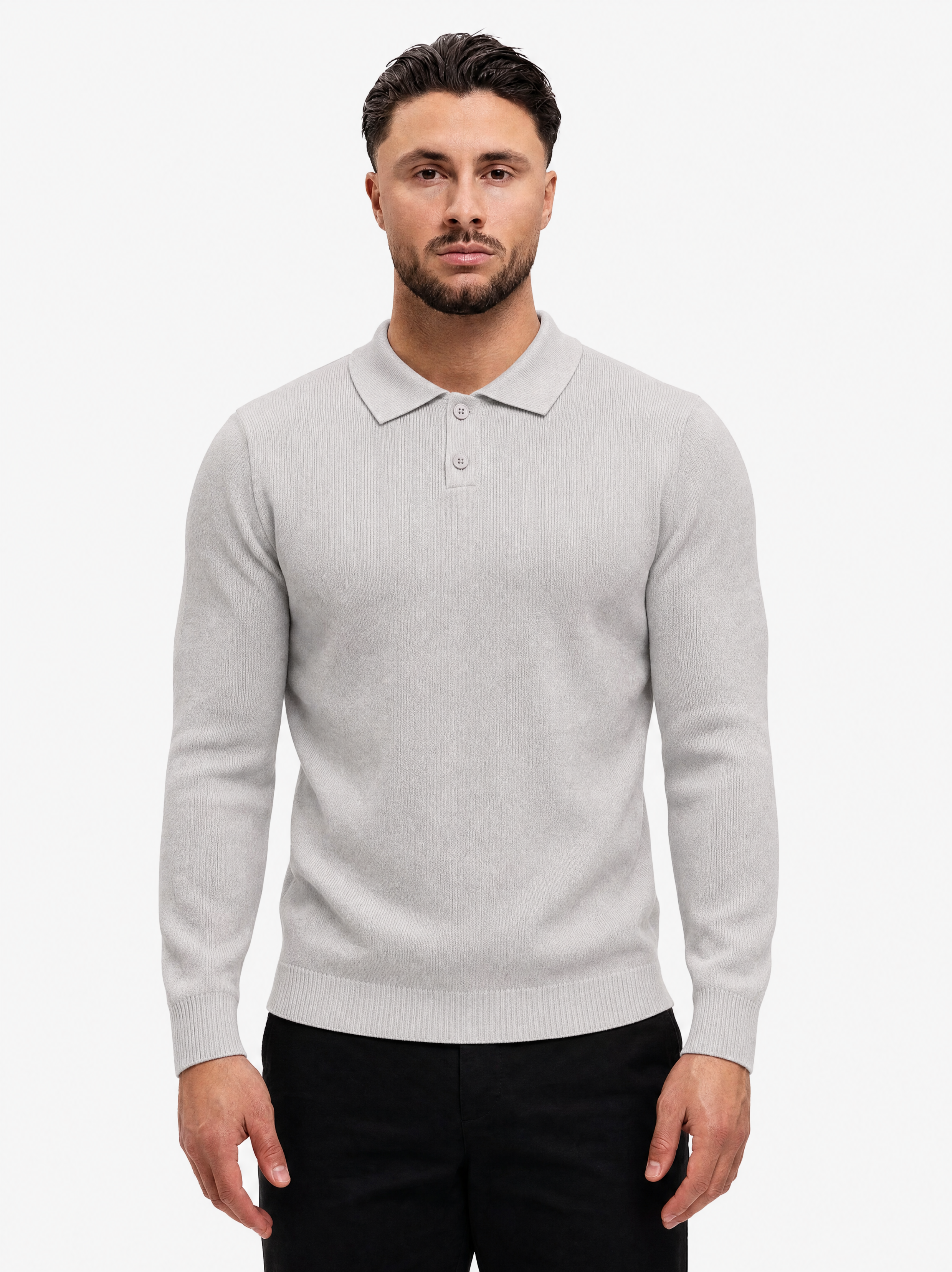 Knit Longsleeve Polo Grey - schuin voorkant