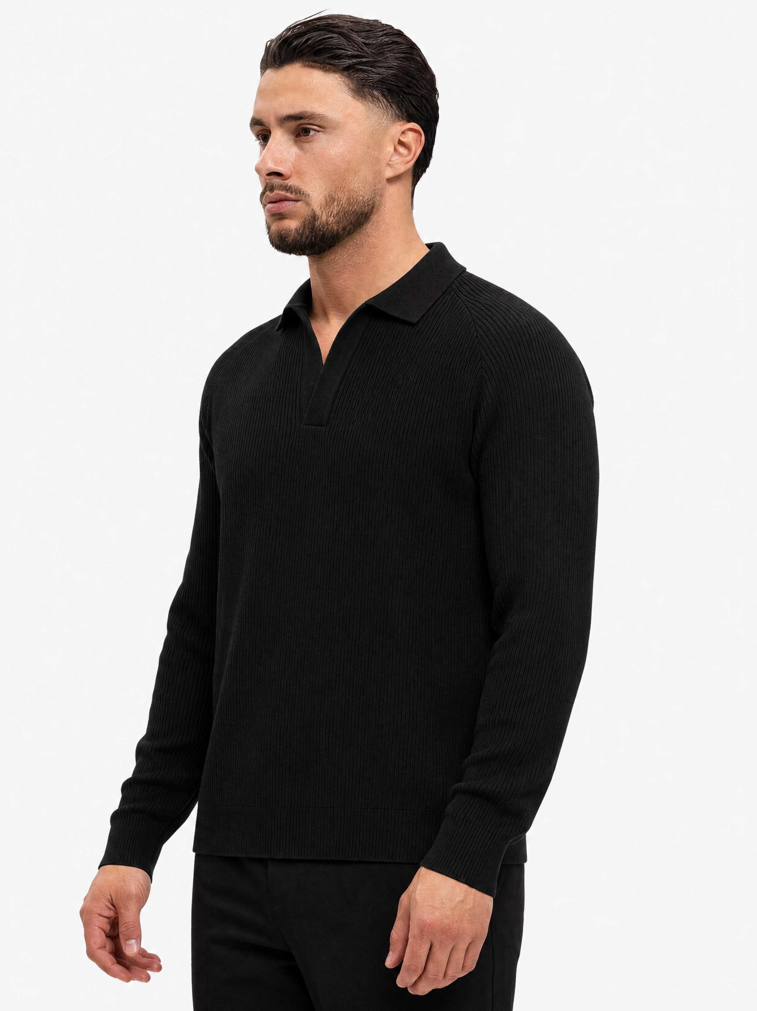 Ribbed Knit Polo Black - voorkant