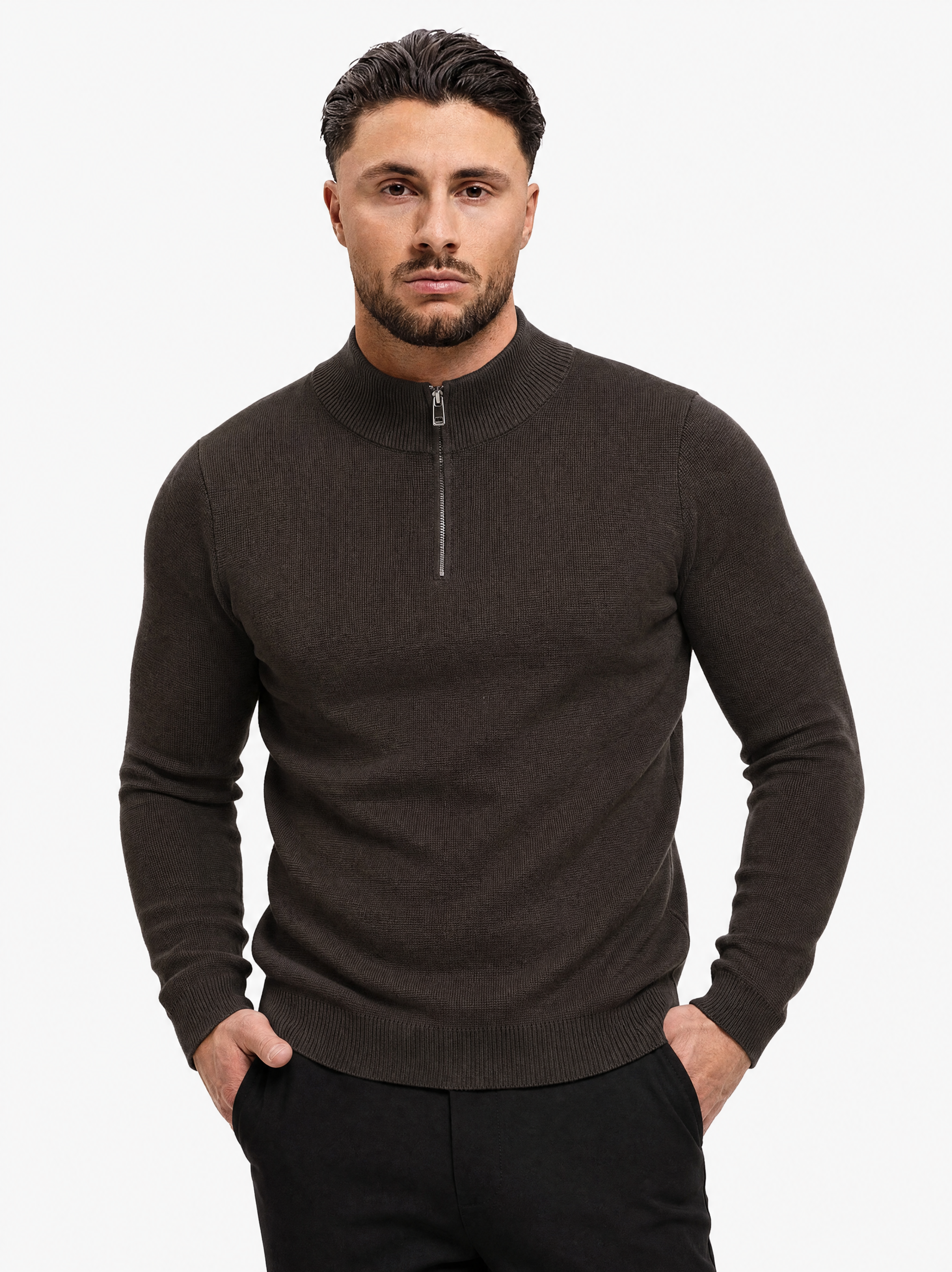 Half Zip Knit Dark Brown - handen in zak