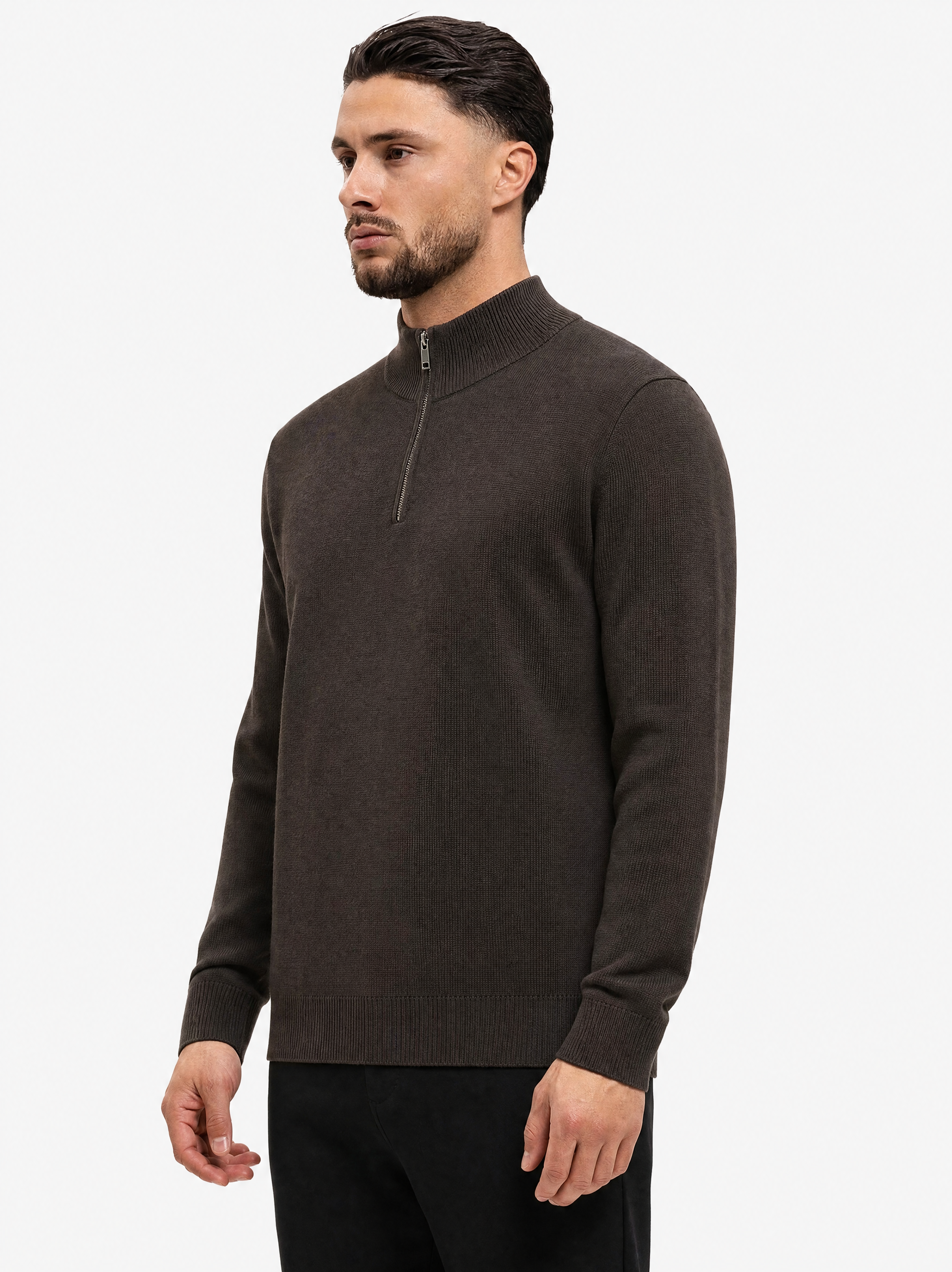 Half Zip Knit Dark Brown - voorkant