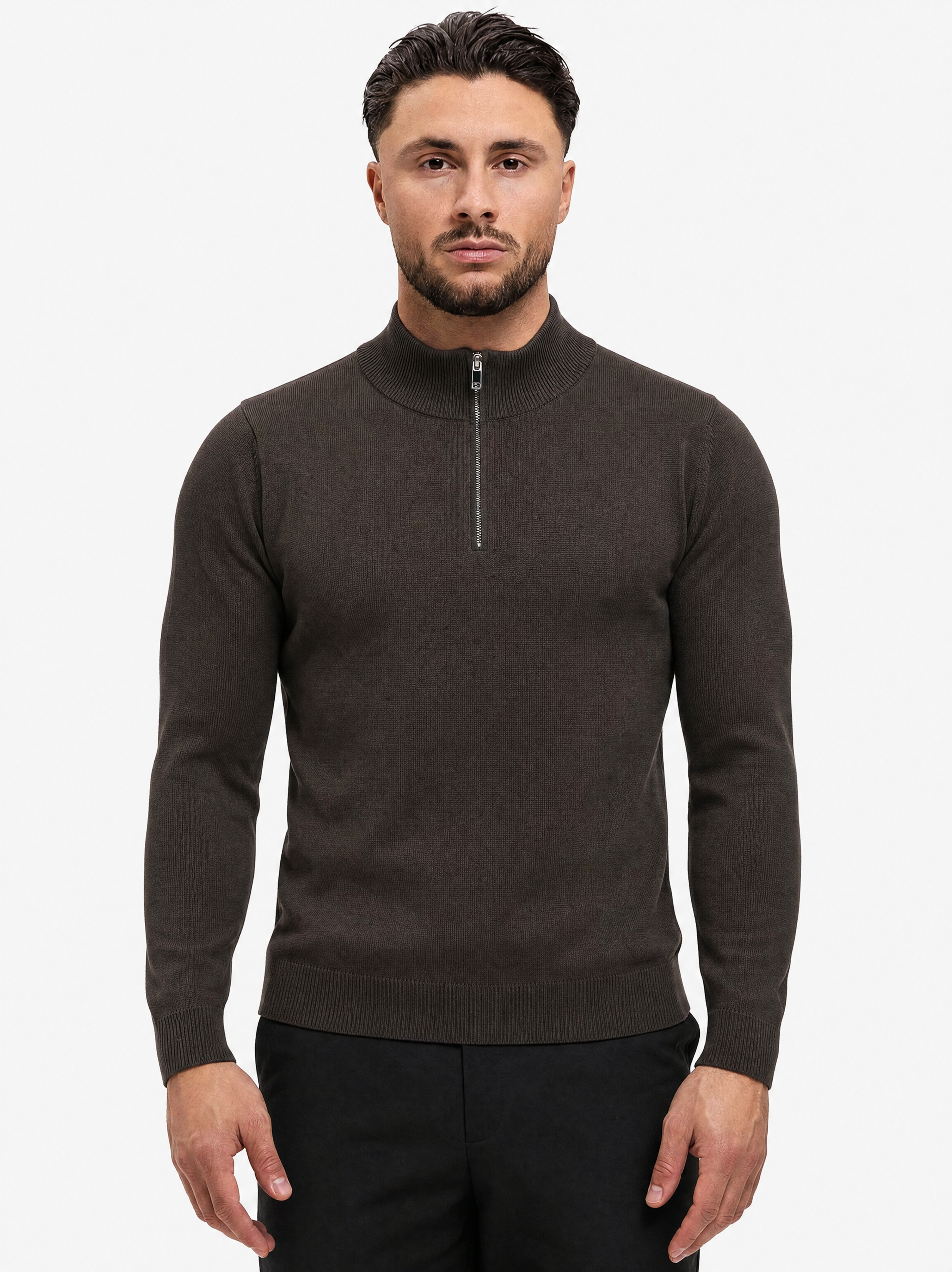 Half Zip Knit Dark Brown - schuin voorkant