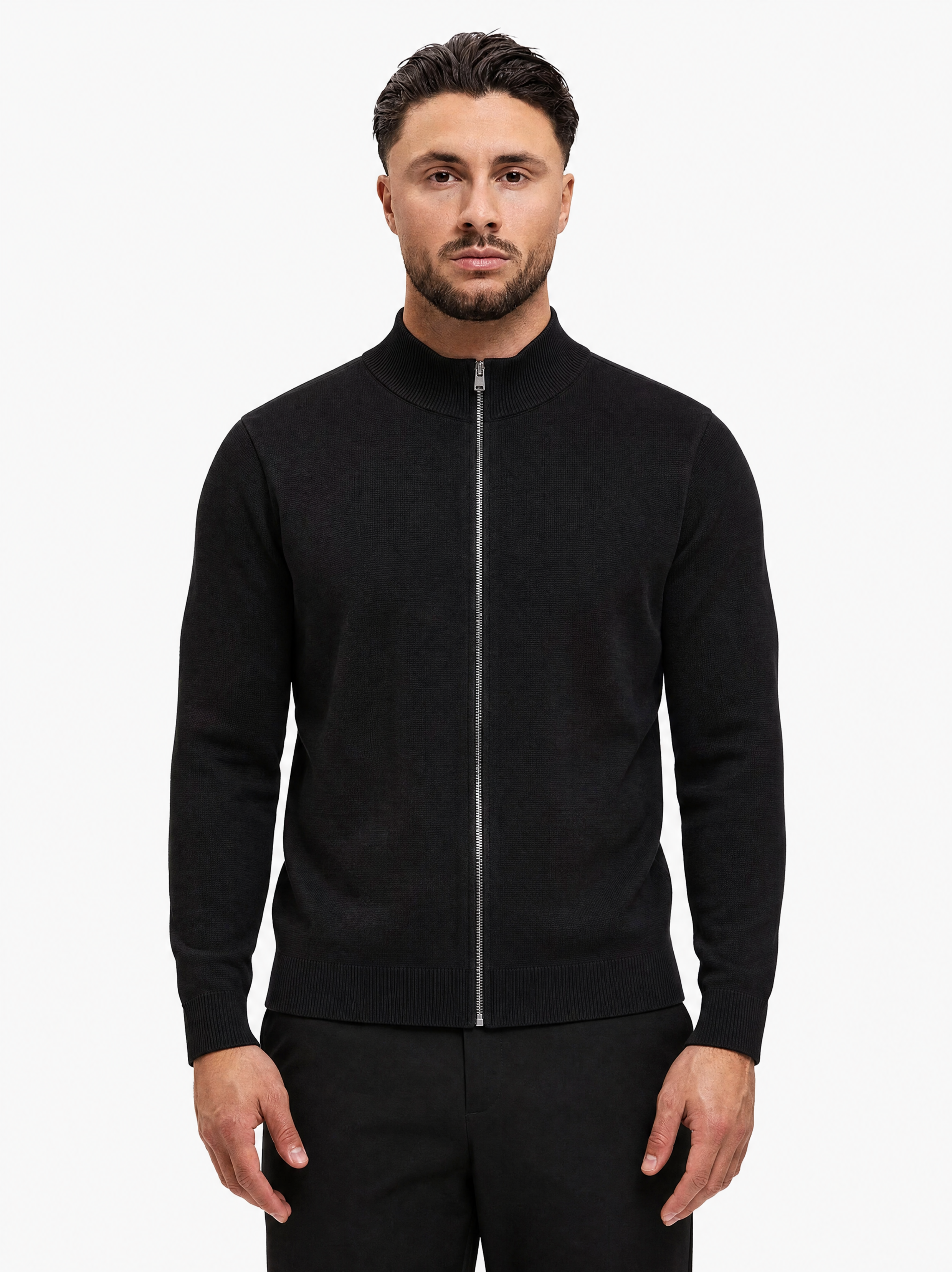 Knit Zip Cardigan Black - schuin voorkant