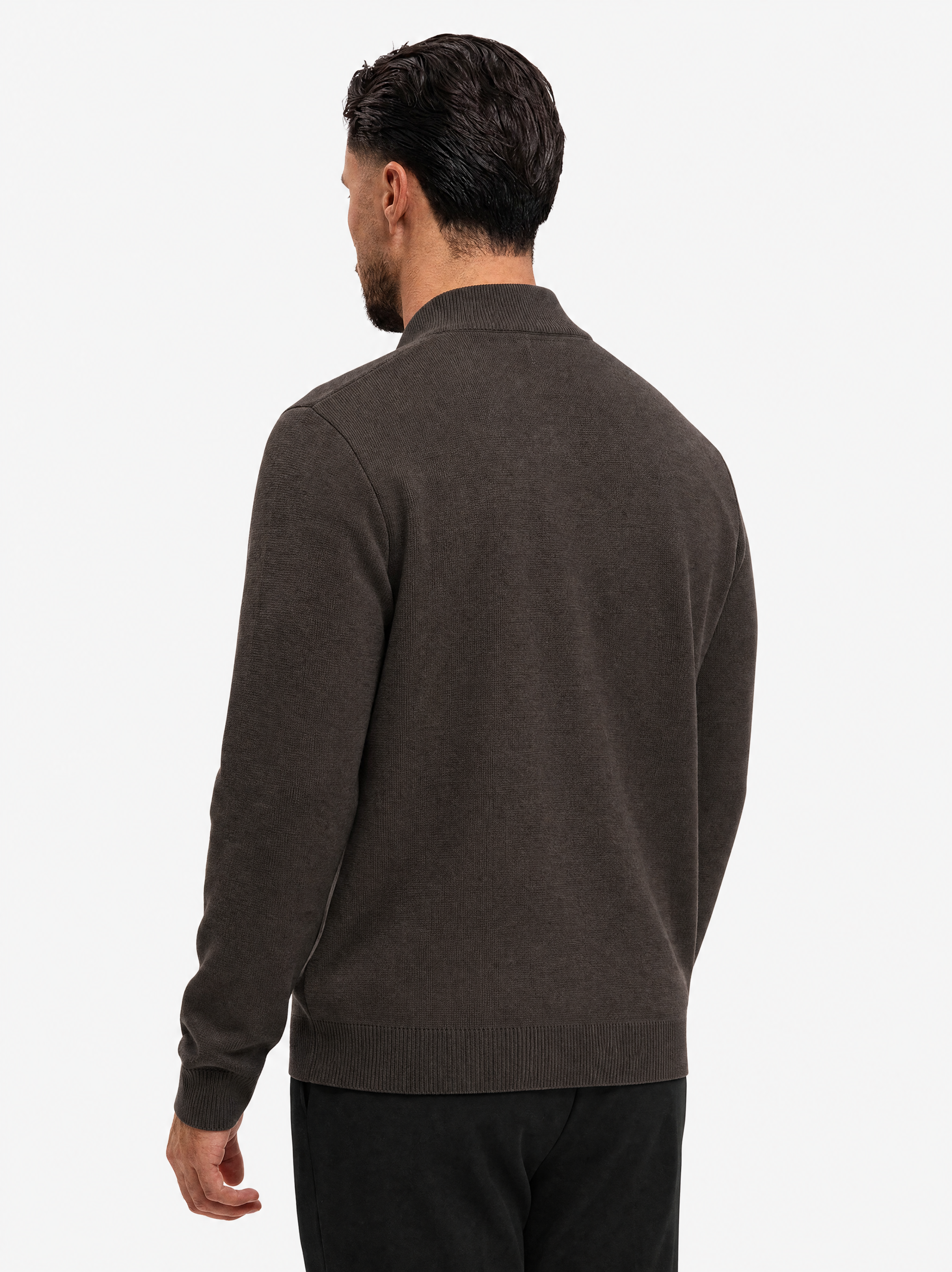 Knit Zip Cardigan Dark Brown - schuin achterkant