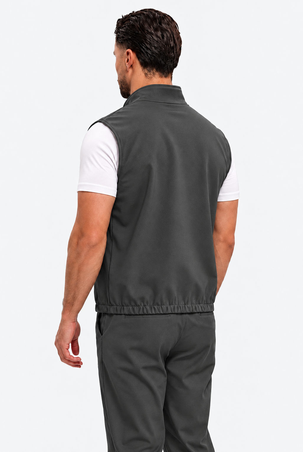 MONZA bodywarmer grijs – achterkant, complete set met bijpassende pants (studio)