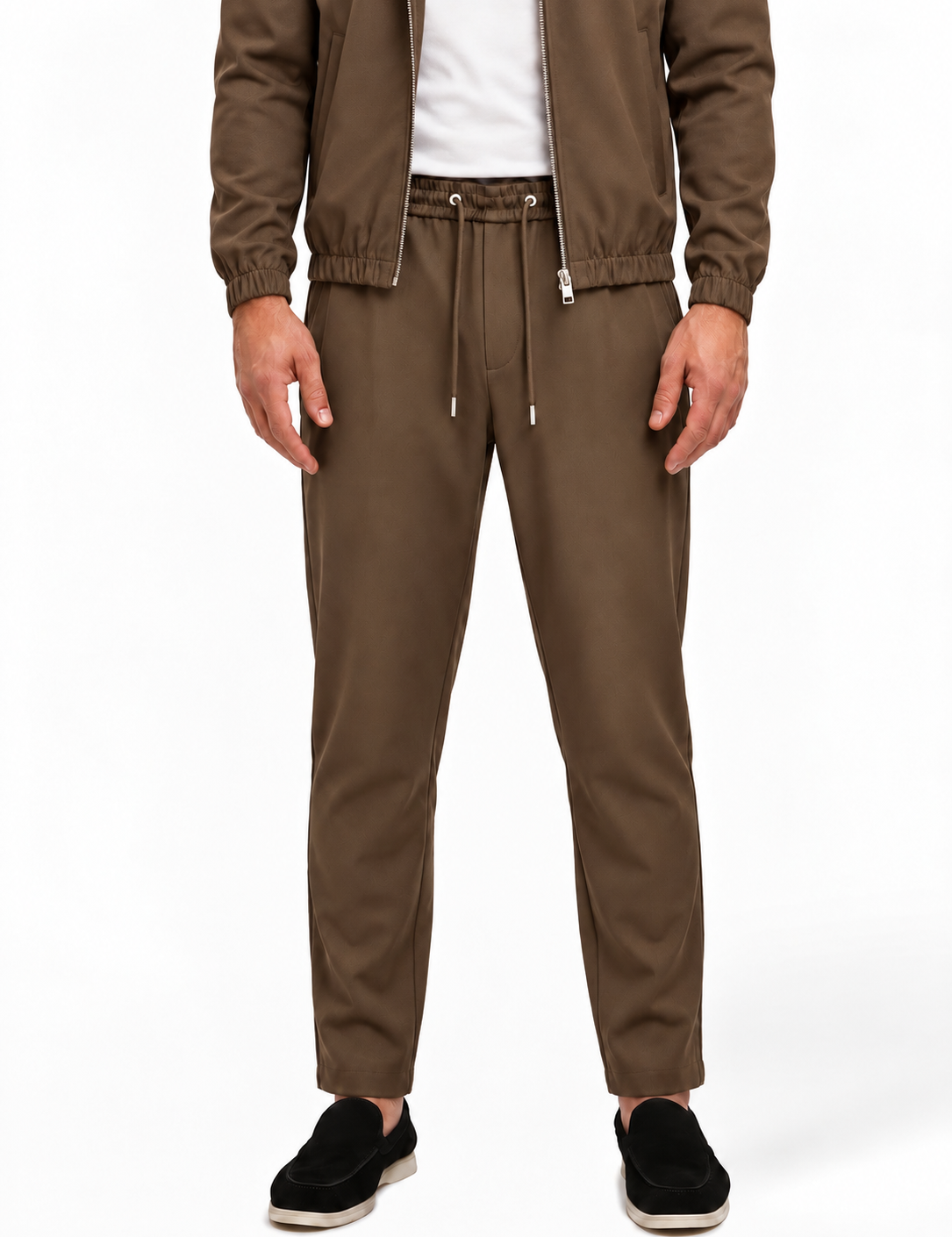 MONZA pants bruin – voorkant, complete set met bijpassende jacket (studio)